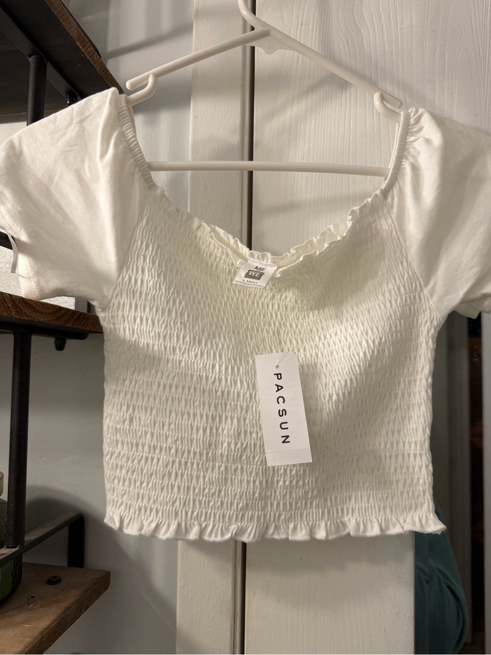 Me to We White Smocked Off-Shoulder Crop Top